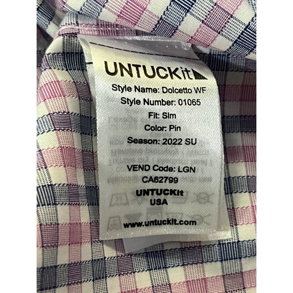 Untuckit Shirt Mens M Slim Fit Wrinkle Free Blue Pink Plaid Long Sleeve Used - Picture 8 of 13